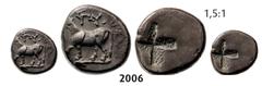 ANCIENT GREEK COINS Half-Siglos, Silver (2.43g) Obv. THRACE Byzantion 2006 Half-Siglos, Silver (2.43g) Obv.: Heifer standing left, dolphin below. Rev.: Incuse square of millsail pattern. SNG Cop. 478 
