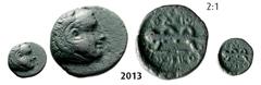 ANCIENT GREEK COINS Æ (11mm) Krenides (Struck 360-356 BC) Bronze (1.08g) Obv. MACEDONIA – MACEDONIAN KINGDOM Æ (11mm) Krenides (Struck 360-356 BC) Bronze (1.08g) Obv.: Head of Heracles right, wearing 