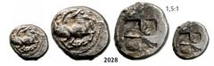 ANCIENT GREEK COINS Paros Drachm (Struck 510-480 BC) Silver (6.06g) Obv. AEGEAN ISLANDS Paros Drachm (Struck 510-480 BC) Silver (6.06g) Obv.: Kneeling goat right. Rev.: Quadripartite incuse square. SN
