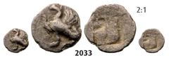 ANCIENT GREEK COINS Diobol (Struck 499-494 BC) Silver (0.41g) Obv. IONIA Klazomenai Diobol (Struck 499-494 BC) Silver (0.41g) Obv.: Forepart of winged boar right. Rev.: Quadripartite incuse square. SN
