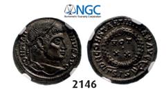 ROMAN EMPIRE Æ3 (Nummus) (Struck 321-324) Siscia, Billon (3.27g) Obv. Æ3 (Nummus) (Struck 321-324) Siscia, Billon (3.27g) Obv.: Laureate bust right. Rev.: Votive within wreath. RIC VII 168 Silvering! 