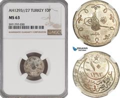Ottoman Empire, Turkey, Abdülhamid II, 10 Para AH1293//27, Kostantiniye Mint, Silver, KM# 744, NGC MS63