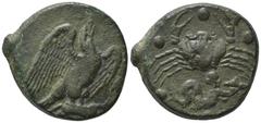 Greek Sicily, Akragas, c. 425/0-410/06 BC. Æ Hemilitron (28mm, 20.92g). Eagle standing r., head raised, wings spread, on hare; cicada to r. R/ Crab; below, triton r., blowing conch. Westermark, Coinag