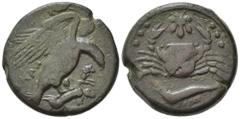 Greek Sicily, Akragas, c. 425-406 BC. Æ Hemilitron (25mm, 13.94g). Eagle standing r. on hare, head lowered. R/ Crab; vine-leaf above, crayfish below, six pellets around. Westermark, Coinage, 686; CNS 