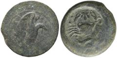 Greek Sicily, Akragas, c. 425-406 BC. Æ Hemilitron (32mm, 22.02g). Eagle standing r. on hare, head lowered. R/ Crab; vine-leaf above, crayfish below, six pellets around. Westermark, Coinage, 681-2; CN