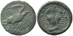 Greek Sicily, Akragas, c. 420-406 BC. Æ Hemilitron (30mm, 17.94g). Eagle standing r. on serpent. R/ Crab; six pellets above; below, crayfish l. Westermark, Coinage, 701; CNS I 29; HGC 2, 138. Near VF