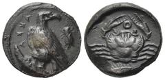 Greek Sicily, Akragas, c. 415-406 BC. Æ Onkia (16mm, 3.67g). Eagle standing l. on fish, head r.; cicada to r. R/ Crab; below, grouper l. Westermark, Coinage 995; CNS I, 85; HGC 2, 151. Near VF