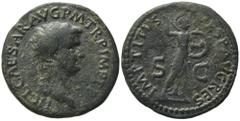 Roman Imperial Claudius (41-54). Æ As (29mm, 12.42g). Restitution issue under Titus. Rome, 80-1. TI CL CAESAR AVG P M TR P IMP P P, Bare head r. R/ IMP TITVS VESP AVG REST, Minerva advancing r., holdi