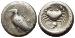 Greek Sicily, Akragas, c. 495-480/78 BC. AR Didrachm (18mm, 8.45g). Sea eagle standing l. R/ Crab; below, helmet l.; all within shallow incuse circle. Westermark, Coinage, Group III, 203; HGC 2, 94. N