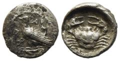 Greek Sicily, Akragas, c. 450-440 BC. AR Litra (10mm, 0.54g). Eagle standing l. on capital. R/ Crab. Westermark, Coinage, Period II, Series B.1; SNG ANS 989–995; HGC 2, 121. Roughness, near VF