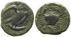 Greek Sicily, Akragas, c. 420-406 BC. Æ Hemilitron (27.5mm, 20.55g). Eagle standing r. on tunny. R/ Crab; conch shell and octopus below, six pellets around. Westermark, Coinage, 632; CNS I, 40; cf. SN