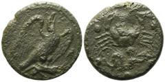 Greek Sicily, Akragas, c. 425/0-410/06 BC. Æ Hemilitron (28mm, 22.00g). Eagle standing r., head raised, wings spread, on hare; cicada to r. R/ Crab; below, triton r., blowing conch. Westermark, Coinag