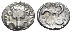 Greek Dynasts of Lycia, Trbbenimi, c. 380-370 BC. AR Tetrobol (16mm, 3.04g). Facing lion's scalp. R/ Triskeles. SNG von Aulock 4215; SNG Copenhagen 29. VF