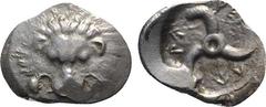 Greek Dynasts of Lycia, Perikles (c. 380-360 BC). AR Tetrobol (18mm, 2.99g). Facing lion's scalp. R/ Triskeles within shallow incuse. SNG von Aulock 4254. VF