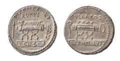 Q. Pompeius Rufus, Pompeia Cornelia, Denarius, Rome, 54 B.C. (RRC) 57 B.C. (BMCRR), ar, 4,0 g, 18,16 mm, D/ sella curulis; on l., arrow; on r., laurel-branch; above Q POMPEI Q F; below on RVFVS tablet