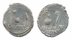 C. Cassius, Brutus, Lentulus Spint, Cassia Iunia Cornelia, Denarius, mint moving with Brutus and Cassius, 43-42 B.C. (RRC), ar, 3,6 g, 19 mm, D/ Axe, culullus and knife; below, BRVTVS, R/ Jug and litu