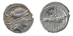 Albinus Bruti f., Iunia Postumia, Denarius, Rome, 48 B.C. (RRC) 49 B.C. (BMCRR), ar, 4,0 g, 18,91 mm, D/ Head of Pietas r.; behind, PIETAS downwards, R/ dextrarum iunctio with caduceus; below, ALBINVS