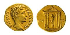 Octavianus Augustus (27 a.C.-14 d.C.), Aureus, Colonia Patricia, 19 B.C., au, 7,9 g, 18,64 mm, D/ CAESAR Ð AVGVSTVS Bare head r., R/ IOV Ð TON Jupiter standing l., holding thunderbolt and leaning on s