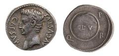 Augustus (27 a.C. - 14 d.C.), Denarius, CaesarAugusta, 19-18 B.C., ar, 3,7 g, 20,19 mm, D/ Bare head of Augustus left CAESAR AVGVSTVS, R/ Round shield inscibed S P Q R / CL V, RIC I, 42b; BMC 335.Rar