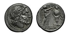Anonymous, Victoriatus, Rome, post 211 BC, AR, gr. 3,3, mm 16, Laureate head of Jupiter r. , Victory r. crowning trophy; in exergue, ROMA . RRC 44/1; BMCRR Rome 295; Catalli 2001, 37.1.Bold style. In