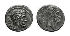 Brutus, Iunia, Denarius, Rome, 54 BC (RRC) 59 BC (BMCRR), AR, gr. 4,2, mm 18,5, Head of L. Iunius Brutus, Cos. 509, r.; behind, BRVTVS downwards, Head of C. Servilius Ahala, Mag. Eq. 439, r.; behind, 