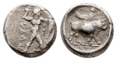 Greek Southern Lucania, Sybaris, c. 453-448 BC. AR Triobol (11 mm, 1.21 g). Poseidon standing r., holding drapery. R/ Bull standing r., crowned by flying nike. HNItaly 1749; SNG Copenhagen 1401. Rare,
