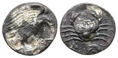 Greek Sicily, Akragas, c. 420-410 BC. AR Hemidrachm (15 mm, 1.45 g). Eagle r., clutching dead hare in talons. R/ Crab; below, ketos l. Westermark, Coinage, 576-80; SNG ANS 1010; HGC 2, 105. VF