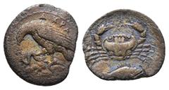 Greek Sicily, Akragas, c. 420-410 BC. AR Litra (12 mm, 0.60 g). Eagle standing l., cluthing hare in talos. R/ Crab; A above; below, fish (perch) r. Westermark, Coinage, 606; HGC 2, 115. Very Rare, nea