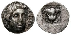 Greek Islands of Caria, Rhodos. Rhodes, c. 170-150 BC. AR Hemidrachm (12 mm, 1.19 g). 'Plinthophoric' coinage. Dionysios, magistrate. Radiate head of Helios facing slightly r. R/ Rose with bud to r.; 