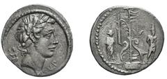The Roman Republic Servius Sulpicius, Sulpicia, Rome, 51 BC (RRC) 54 BC (BMCRR), Denarius , AR, gr. 3,6, mm 18. Laureated male head r.; behind, SER, before, SVLP. Rv. Naval trophy; on r. naked , bound
