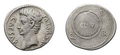 The Roman Empire Augustus (27 BC - 14 AC), Caesaraugusta, 19-18 BC, Denarius , AR, gr. 3,7, mm 20,19. Bareheaded of Augustus l. CAESAR AVGVSTVS. Rv. Round shield inscibed S P Q R / CL V. RIC I, 42b; B