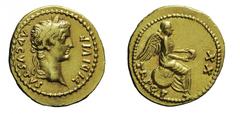 The Roman Empire Tiberius (14-37), Lugdunum, AD 18-19, Quinarius , AV, gr. 3,9, mm 15/16. TI DIVI F - AVGVSTVS, Laureated head r.. Rv. TR POT - XX, Victory seated r. on globe, holding wreath. RIC 6; B