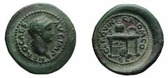 The Roman Empire Nero (54-68), Rome, AD 64, Semissis , AE, gr. 7,0, mm 24. NERO CAES AVG IMP, Laureated head r.. Rv. CER QVINQ ROM CO, agonistic prize-table, ornamented on front with confronted grypho