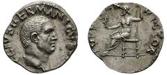 The Roman Empire Vitellius (69), Rome, AD 68-69, Denarius , AR, gr 3,5, mm 17. A VITELLIVS GERMANICVS IMP, bareheaded r.. Rv. IVPPITER - VICTOR, Jupiter seated l., naked to waist, holding Victory and 