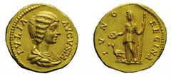 The Roman Empire Iulia Domna (Septimius Severus, 193-211), Rome, AD 195, Aureus , AV, gr. 7,2, mm 18,5/20. IVLIA - AVGVSTA, draped bust r.. Rv. IVNO - REGINA, Iuno standing l. holding sceptre and pate