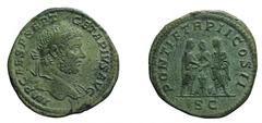 The Roman Empire Geta (209-211), Rome, AD 210, Sestertius , AE, gr. 23,1, mm 32. IMP CAES SEPT - GETA PIVS AVG, Laureated bust r.. Rv. PONTIF TR P II COS II, Caracalla and Geta, both togate, sacrifing