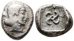 Greek Dynasts of Lycia, Teththiweibi (c. 450-430/20 BC). AR Stater (19mm, 9.73g). Phellos mint. Head of Aphrodite r. R/ Tetraskeles in dotted square within incuse square. Müseler V 31-3 var. (head l.)