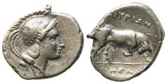 Greek Lucania, Thourioi (c. 350-300 BC), Triobol; AR (1 g; 11,6 mm) Head of Athena r., wearing crested Attic helmet decorated with laurel wreath; Rv. Bull butting r.; HPA in exergue. HN Italy 1869; SN