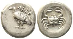 Greek Sicily, Akragas (c. 510-470 BC), Didrachm; AR (8,32 g; 18,5 mm) Sea eagle standing l., AKRA above; Rv. Crab within incuse circle. Westermark, Coinage, Period I, Group II, 141 (O57/R87); Jenkins,