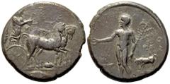 Greek Sicily, Selinos (c.ca 415-409 BC), Tetradrachm; AR (16,84 g; 26,5 mm) Apollo and Artemis standing r. in a quadriga moving slowly to r.; Artemis holding the reins and Apollo drawing his bow; on t