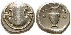Greek Boeotia, Thebes (c.ca 395-338 BC), Stater; AR (12,35 g; 20,8 mm) Eu(w)ara-, magistrate. Boeotian shield; Rv. Amphora; EY/P left, FA/A right, club and grapes above. Hepworth, "The 4th Century BC 