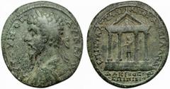 Lydia - Lucius Verus (AD 161-169), Aulus Attalianus, strategus, Silandus, AE, g 23.26, mm 34, Laureate and cuirassed bust l., seen from back, Rv. Tetrastyle temple with statue of Dionysus within, glob