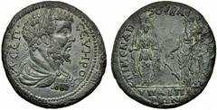 Lydia - Septimius Severus (AD 193-211), Menander Bassianus, Hypaepa, AE, g 19.32, mm 33, Laureate, draped and cuirassed bust r., Rv. Tyche standing on r. holding rudder and cornucopiae, facing cult st