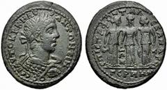 Lydia - Elagabalus (AD 218-222), Germe, AE, g 17.46, mm 34, Laureate, draped, and cuirassed bust r., Rv. Three nymphs standing facing, two holding water jugs and one holding ear of barley. Ehling 178.