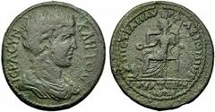Lydia - Quasi-Autonomous Coinage, Medallic, Thyatira, 2nd century AD, AE, g 36.89, mm 40, IEP CYN-K HTOC, Draped bust of youthful Roman Senate r., Rv. E I CTPA NAV-P AEI [É]. Cybele enthroned l., hold