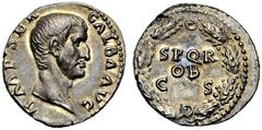 Galba (68-69), Denarius, Rome, July AD 68 - January AD 69, AR, g 3,38, mm 18, IMP SER - GALBA AVG, bare head r., Rv. S P Q R OB C S, in oak-wreath. RIC 167; BMCRE 34 (misdescribed); C. 287.Uncommon. 