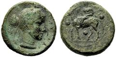 Sicily, Tetras,Nakona, c. 400 BC, AE, (g 3,29, mm 13, h 5). [N]AKONAI[ON], head of nimph r., wearing single pendant earrings, necklace, and hair-band with fillet, Rv. Silenos seated on ass l., holding