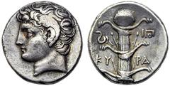 Cyrenaica, Didrachm,Cyrene, c. 380-277 BC, AR, (g 7,69, mm 20, h 12). Head of Hermes Parammon l., Rv. KY-PA, silphium; at l. snake, at r. monogr.. BMC 244 ff.; SNG Copenhagen 1239. Rare variant. Old c