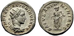 Elagabalo (218-222), Antoninianus,Rome, c. AD 218-222, AR, (g 3,55, mm 21, h 6). IMP CAES ANTONINVS AVG, radiate, draped and cuirassed bust r., Rv. SALVS ANTO - NINI AVG, Salus standing r., feeding ou