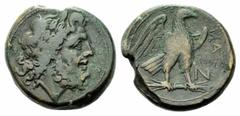 Monete greche / Greek Coins Apulia, Nummus, Teate, c. 225-200 a.C., AE, (g 32,19, mm 33, h 3). Testa laureata e barbata di Zeus a d., Rv. TIATE, aquila stante con ali aperte a d. su fulmine; a d. N. H